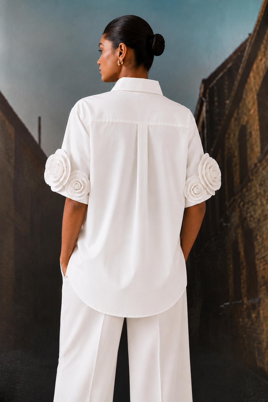 Rosette Sleeve Shirt White