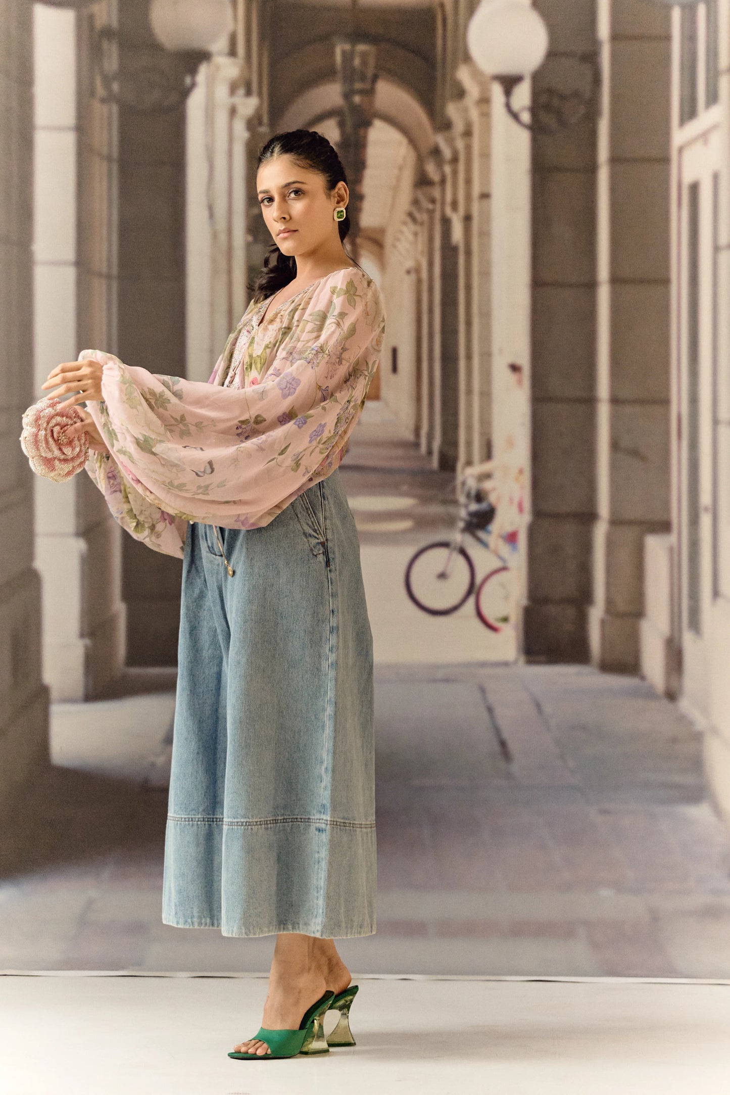 Digital print silk georgette blouson blush top