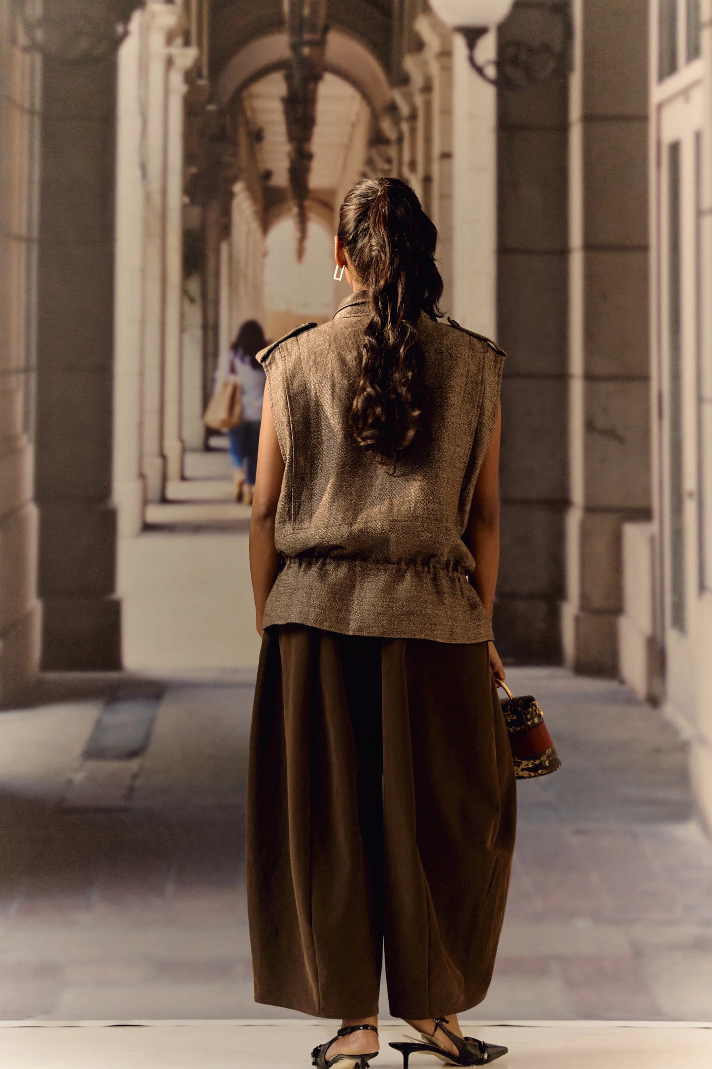 Twill linen oversized vest - Coffee