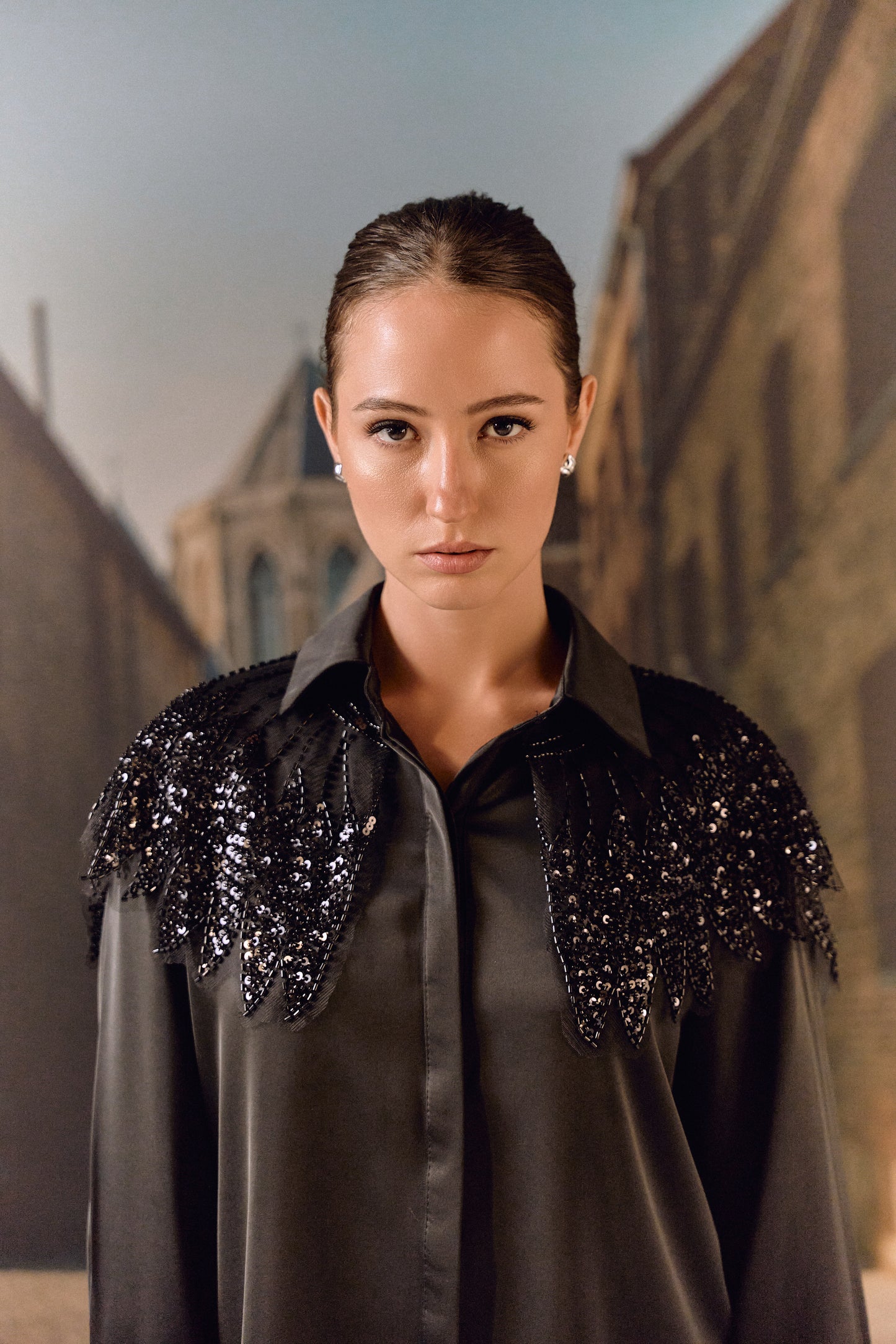 Formal evening shirt with bugle bead work bib - Black