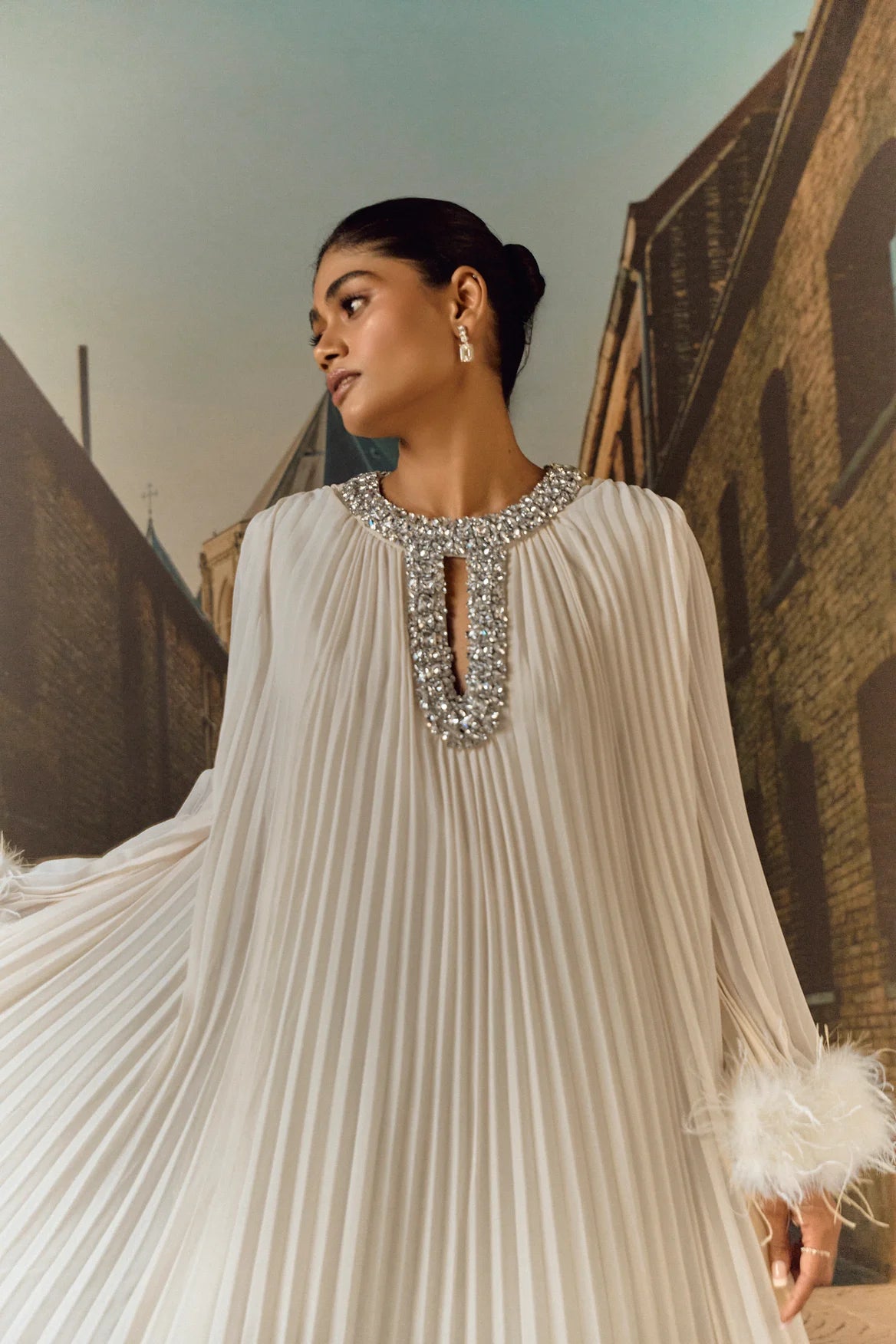 Crystal Embellished Pleated Kaftan- Ivory