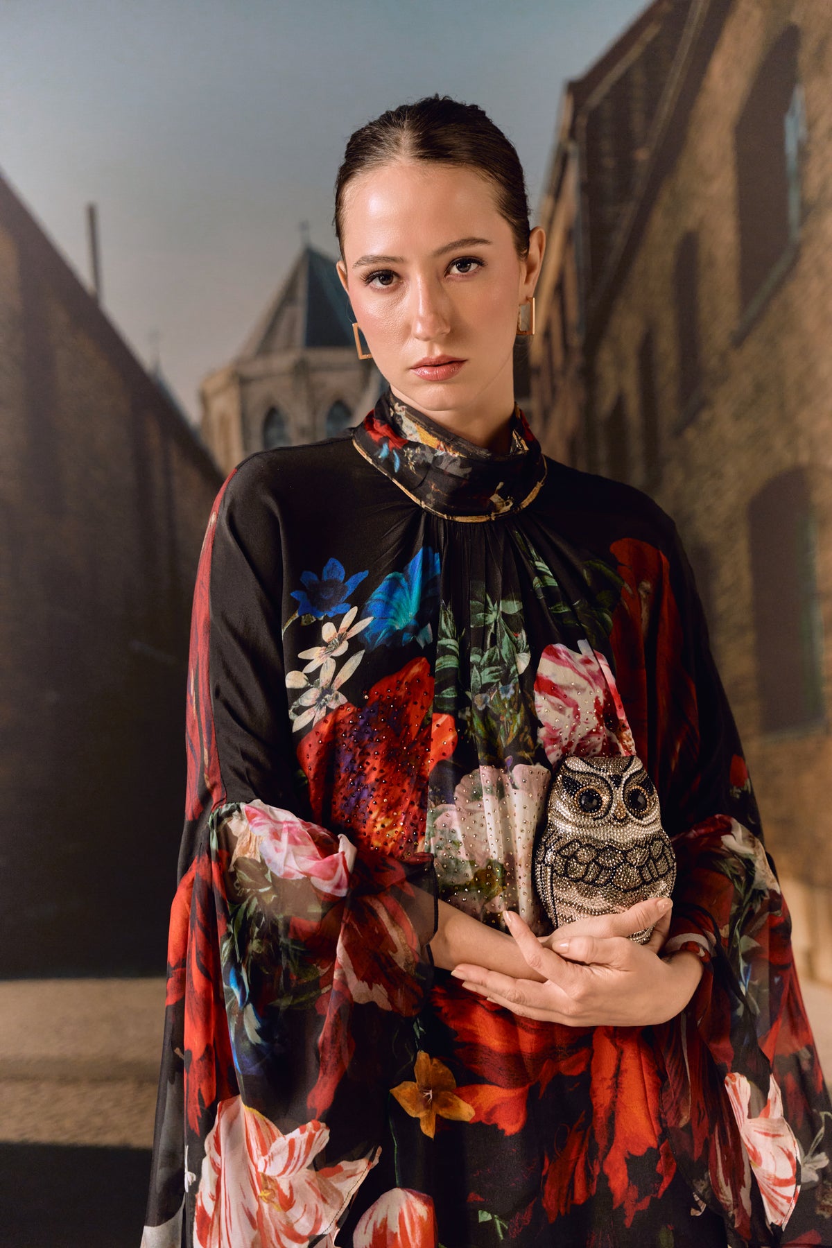 Digital Floral Crystal Kaftan- Black