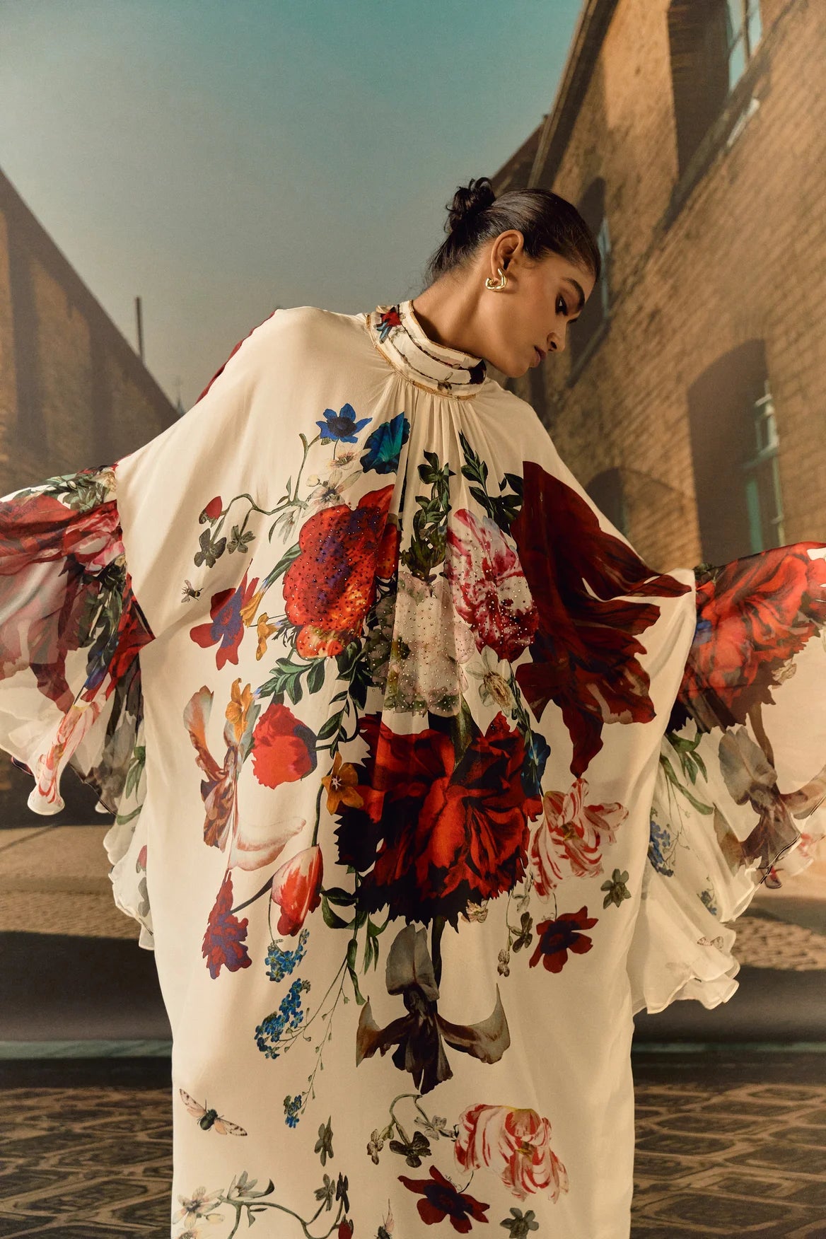Digital print silk Chiffon ruffle kaftan with crystal - Off-white