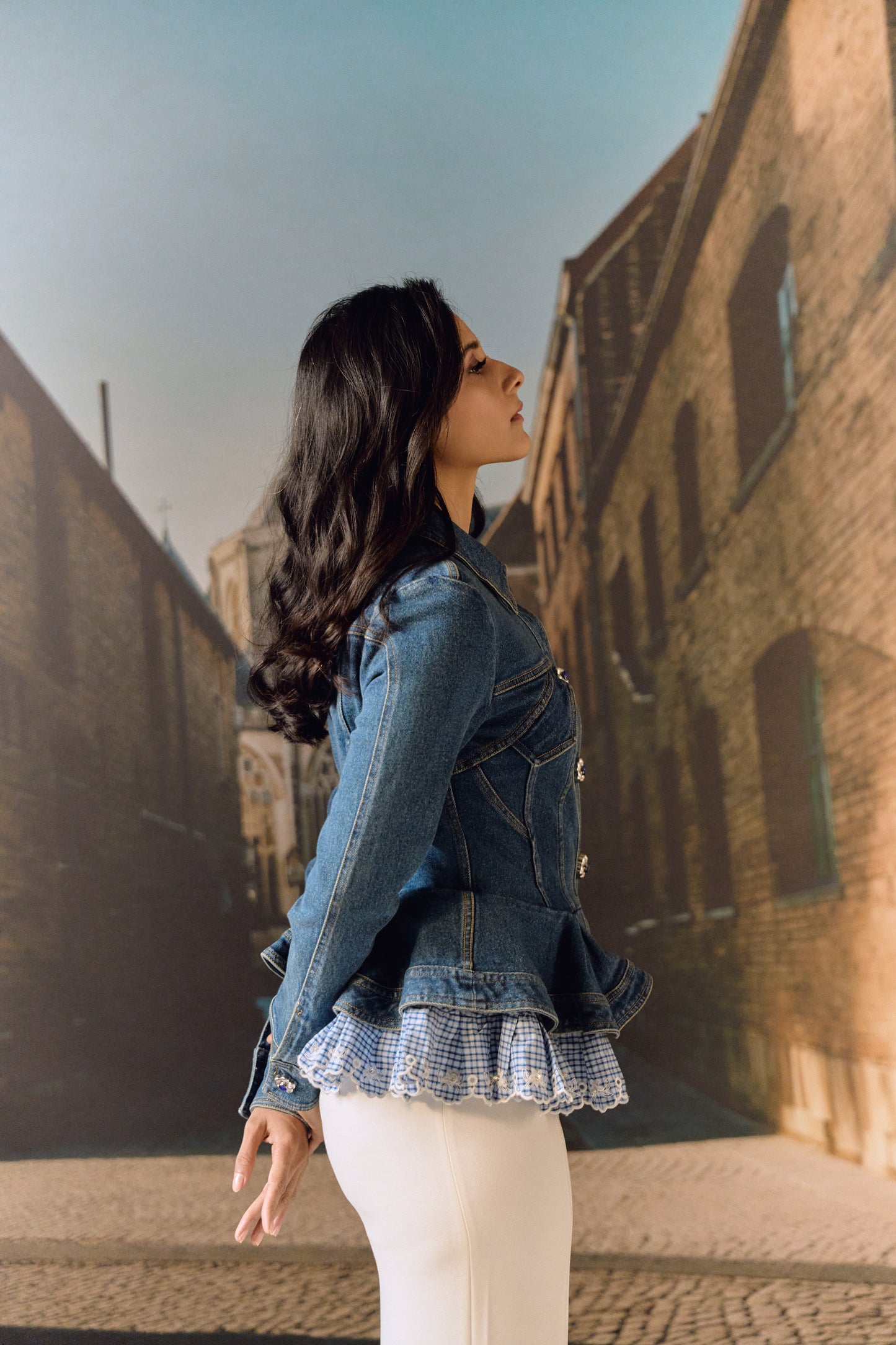 Corset Denim Jacket with checkered Peplum