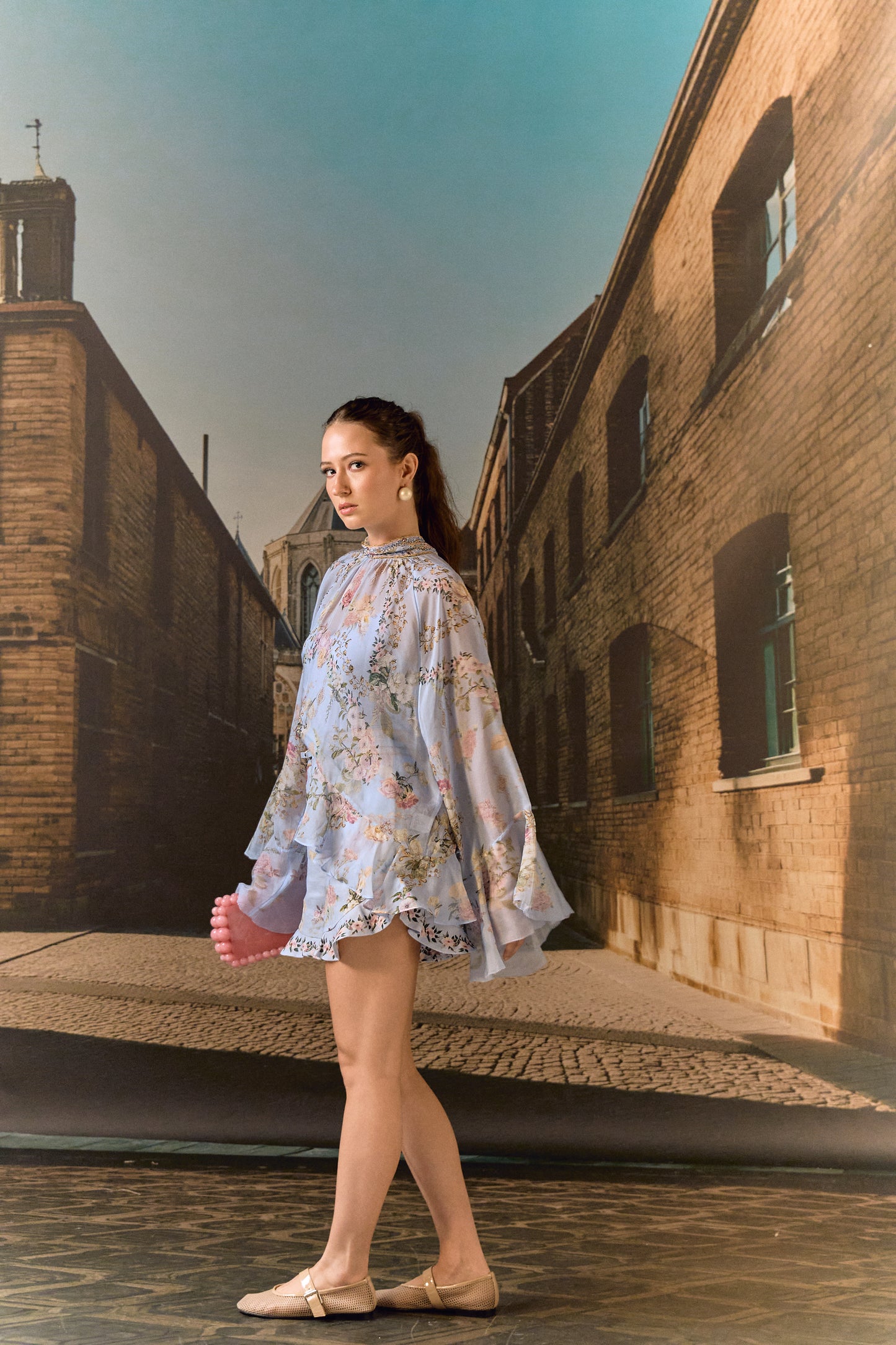 Sky blue georgette linen crystal co-ord set