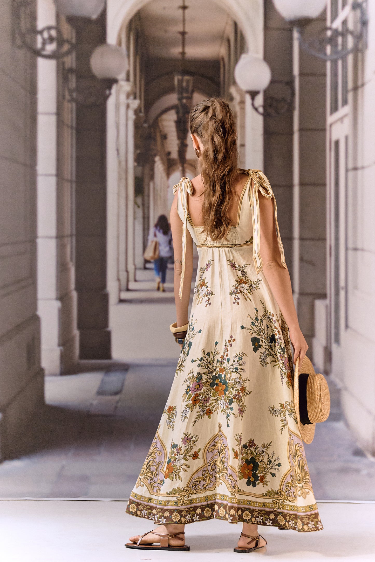 Ecru linen floral maxi dress