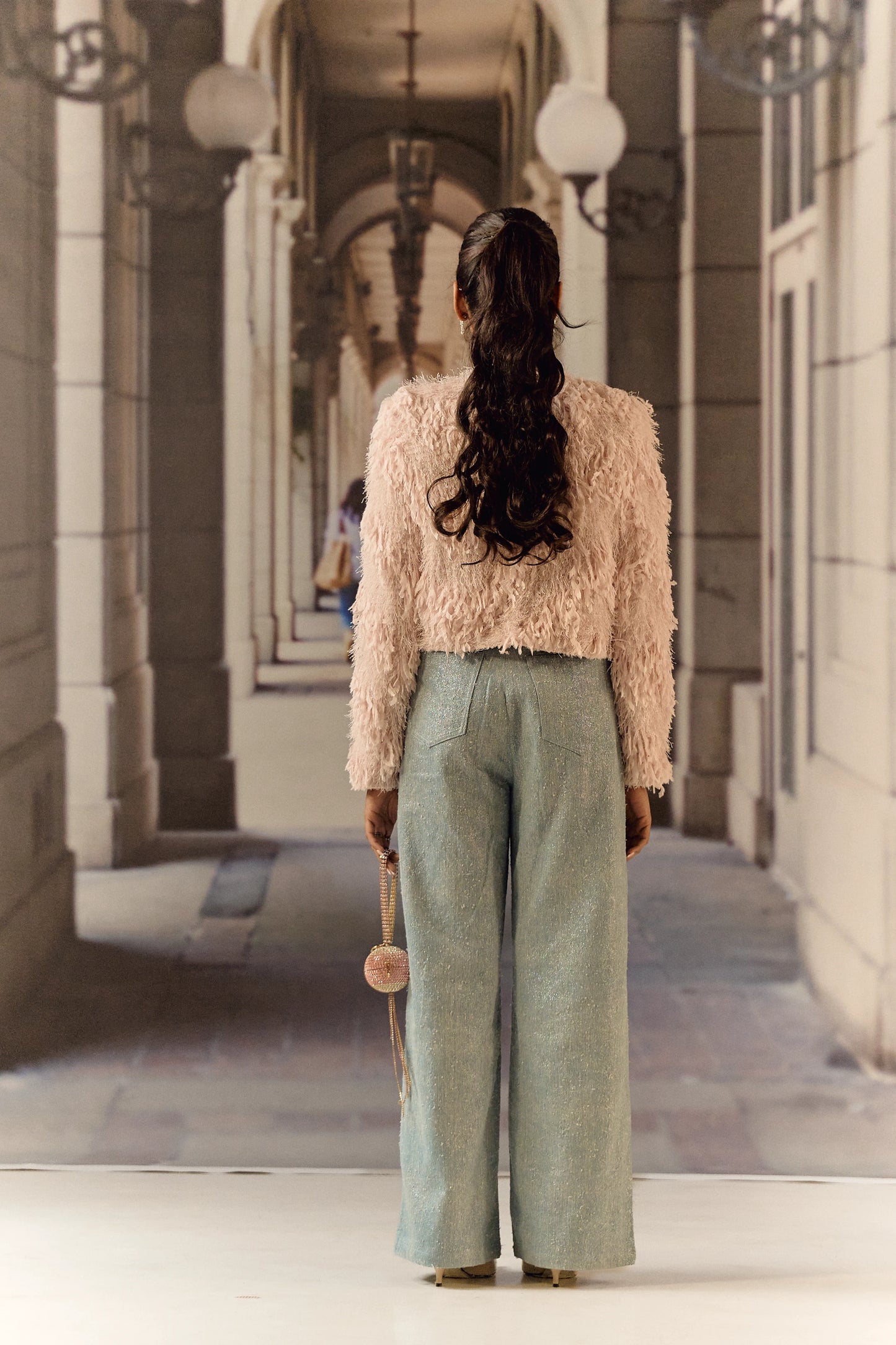 Feathered texture cropped jacket with crystal work - Pink