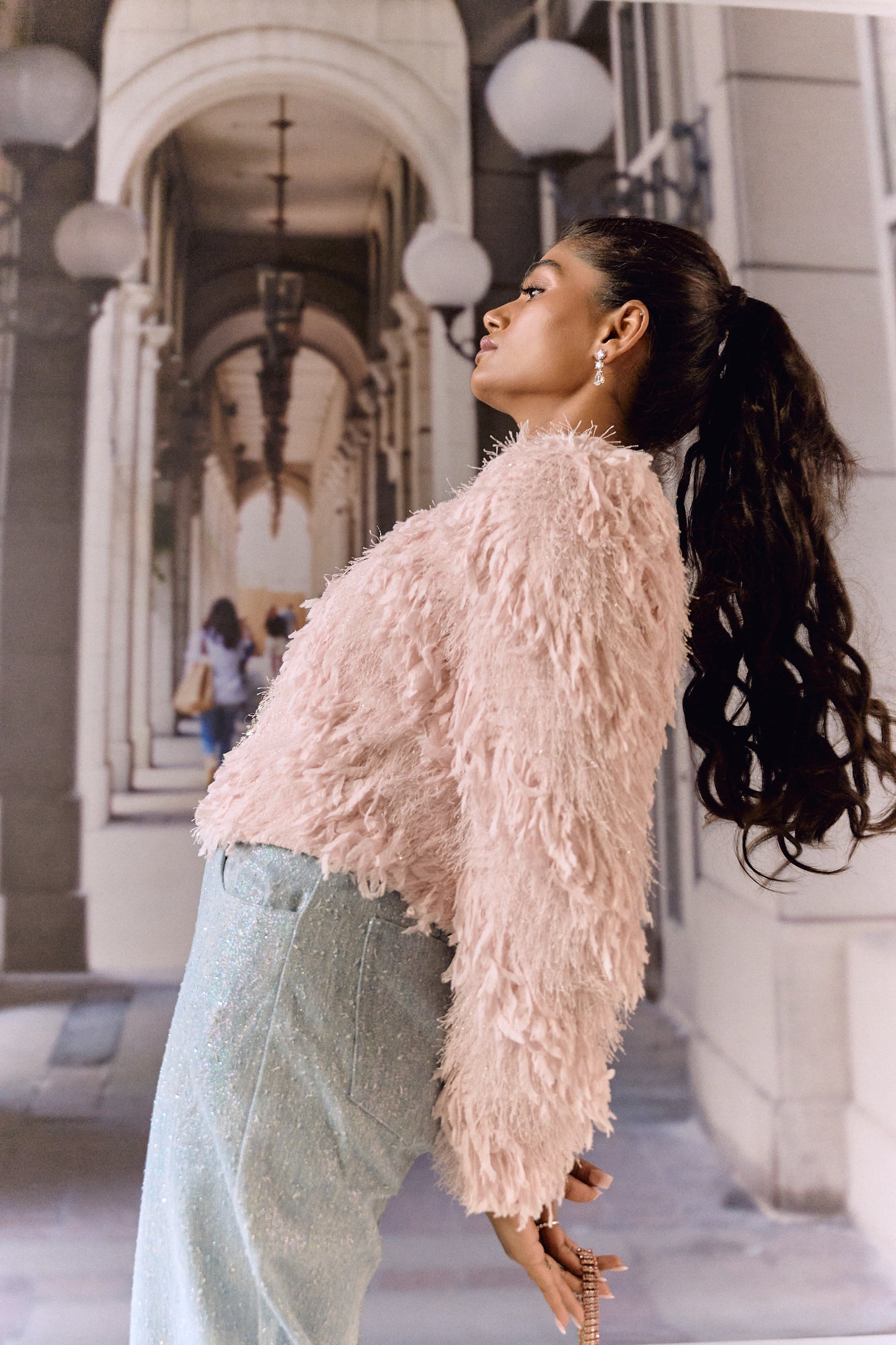 Feathered texture cropped jacket with crystal work - Pink