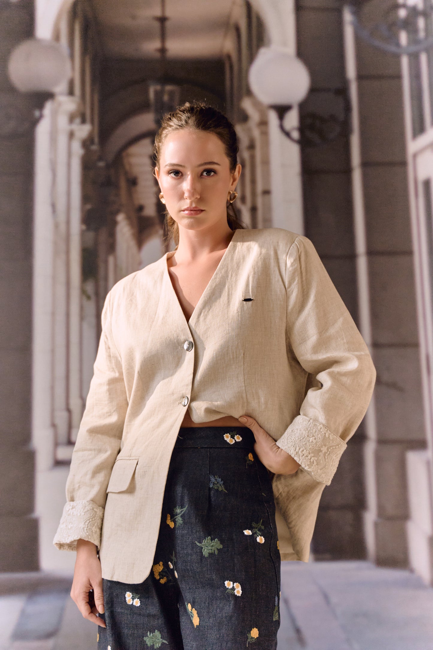 Beige Linen Blazer with Lace Trim