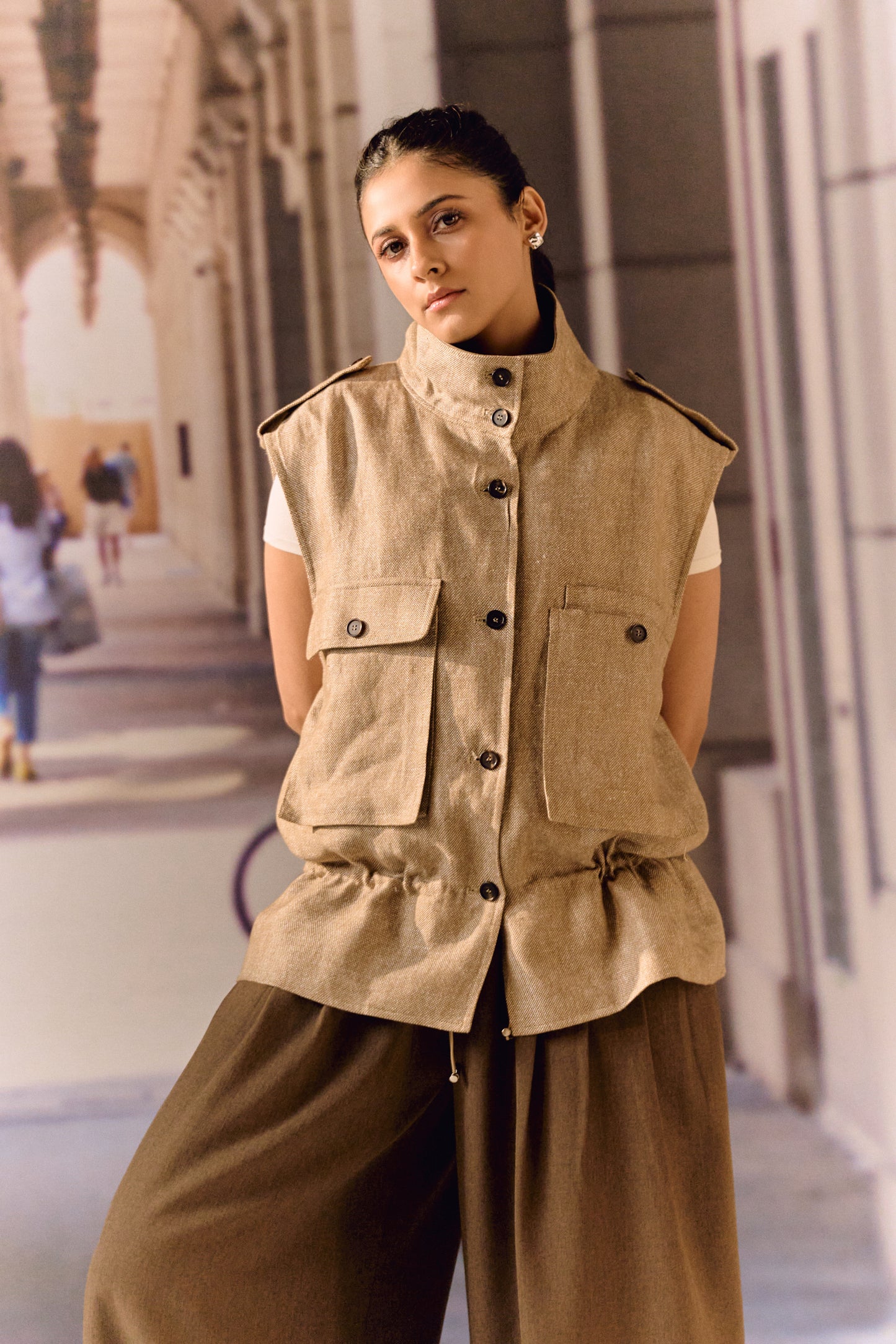 Twill linen oversized vest - Beige