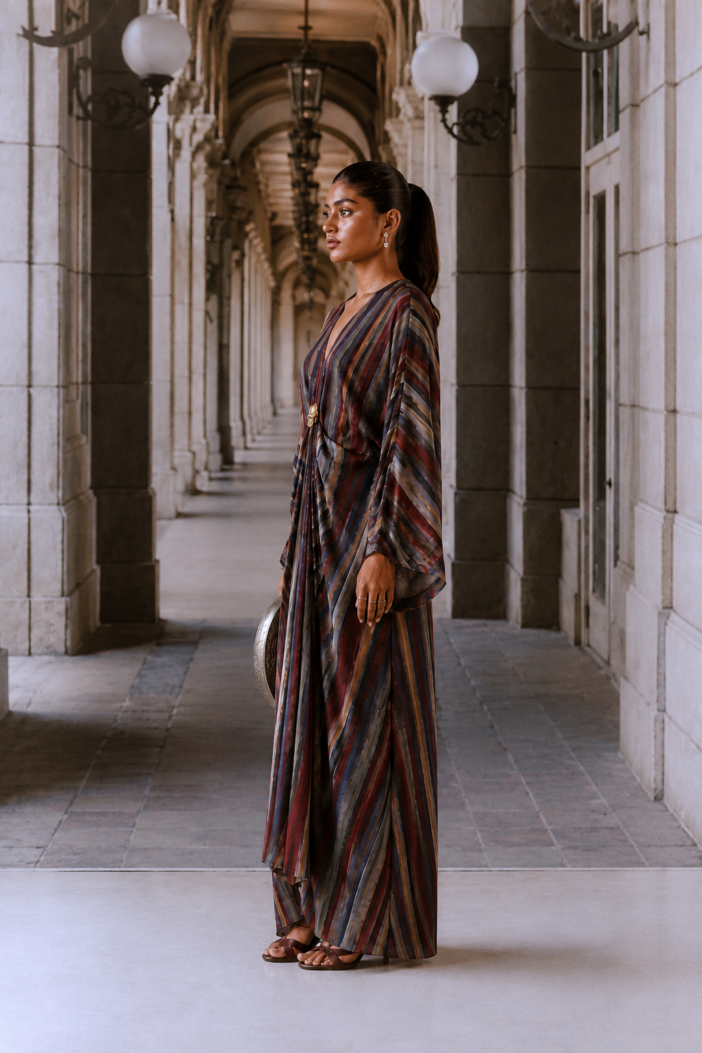 Striped Silk Crepe Kaftan Dress