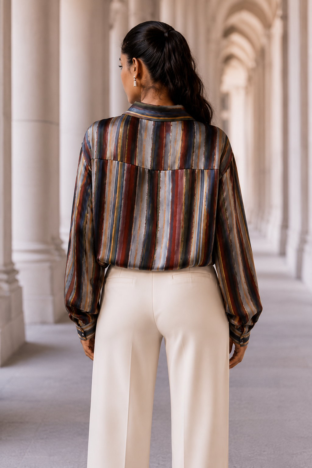 Striped Silk Crepe Shirt with Bobble Trim Detail