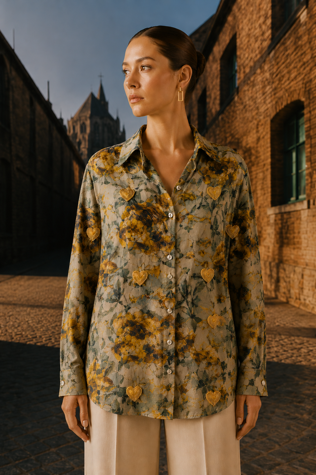 Beaded Heart floral Print Shirt
