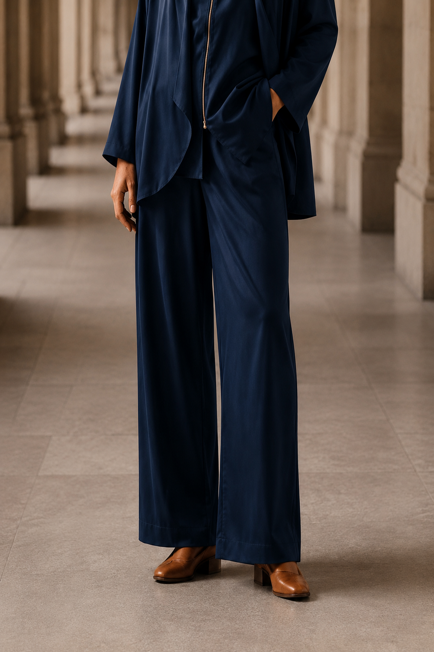 Layered Shawl Jacket, Zip-Up Jacket & Trouser Set- Navy Blue