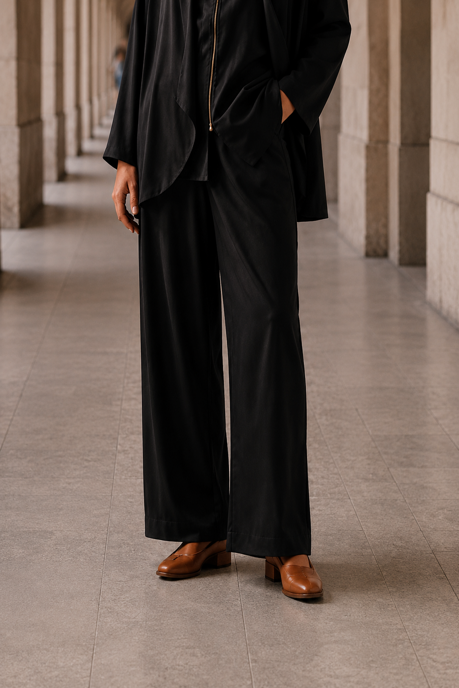 Layered Shawl Jacket, Zip-Up Jacket & Trouser Set