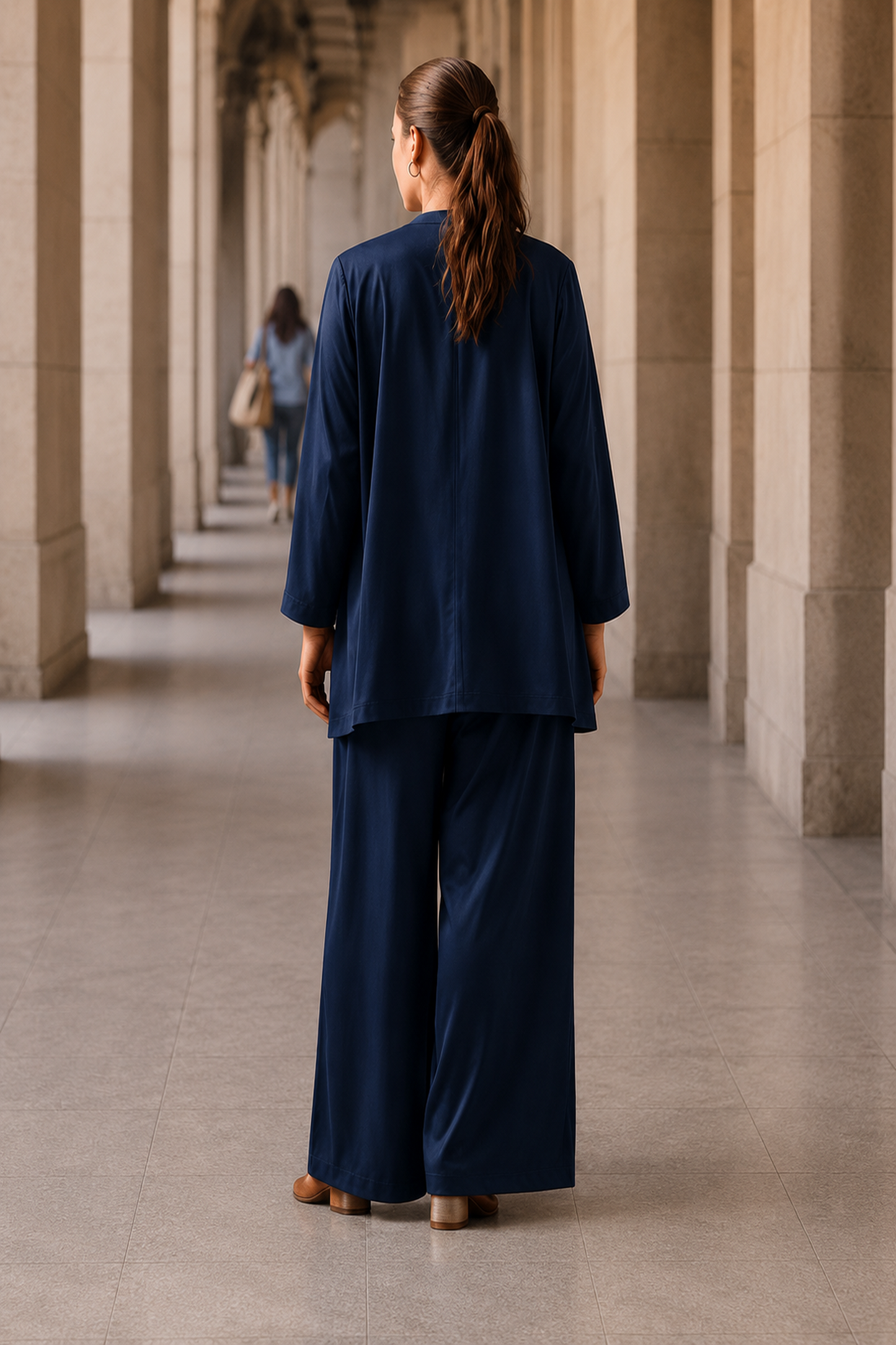 Layered Shawl Jacket, Zip-Up Jacket & Trouser Set- Navy Blue