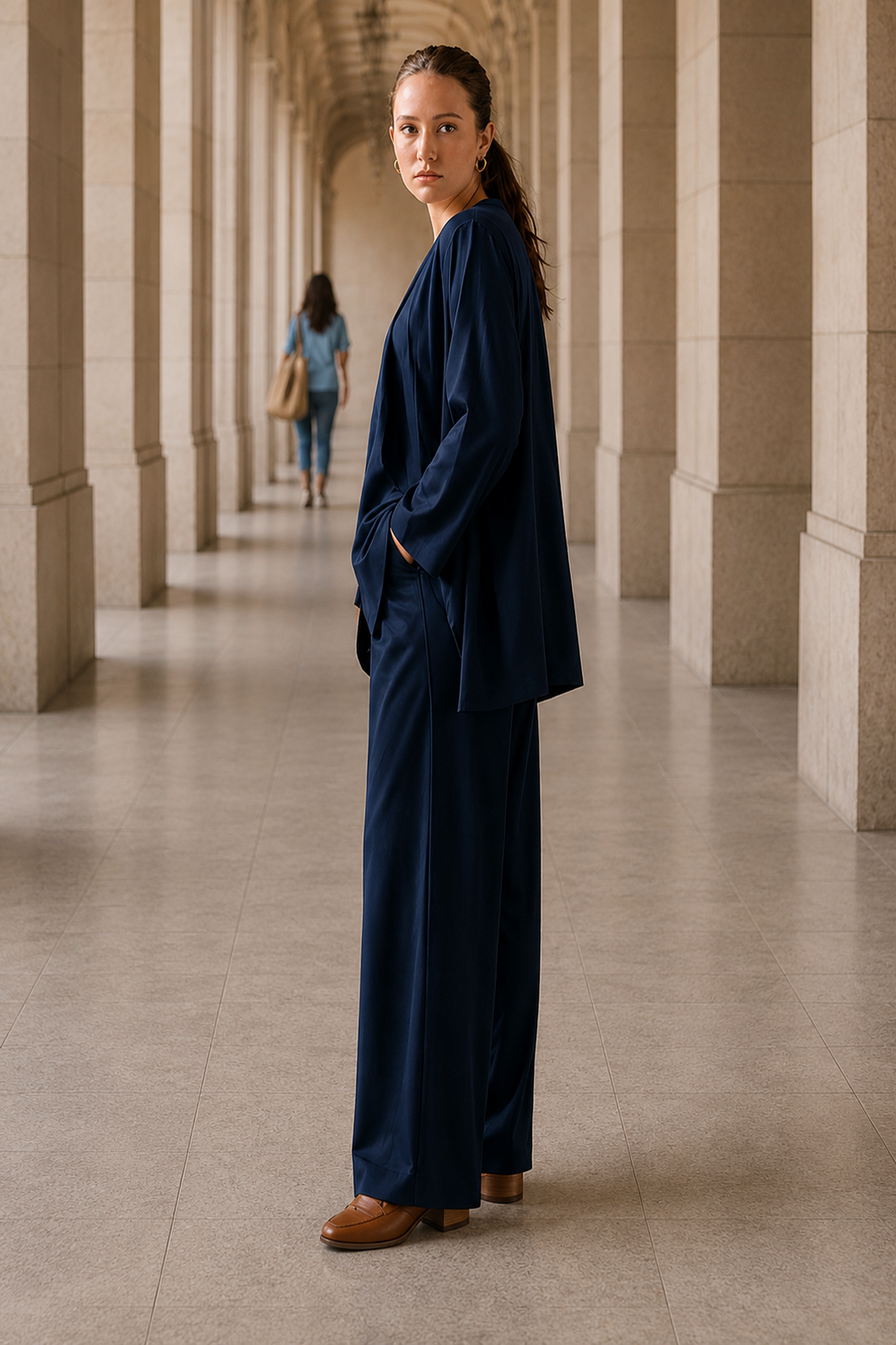 Layered Shawl Jacket, Zip-Up Jacket & Trouser Set- Navy Blue