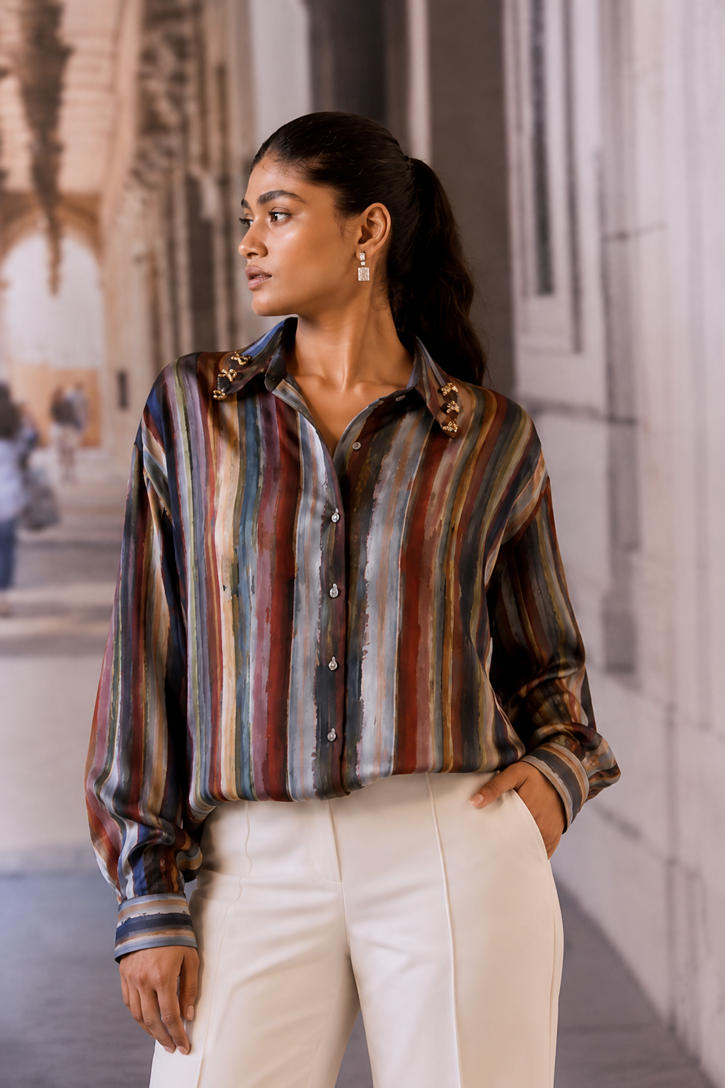 Striped Silk Crepe Shirt with Bobble Trim Detail
