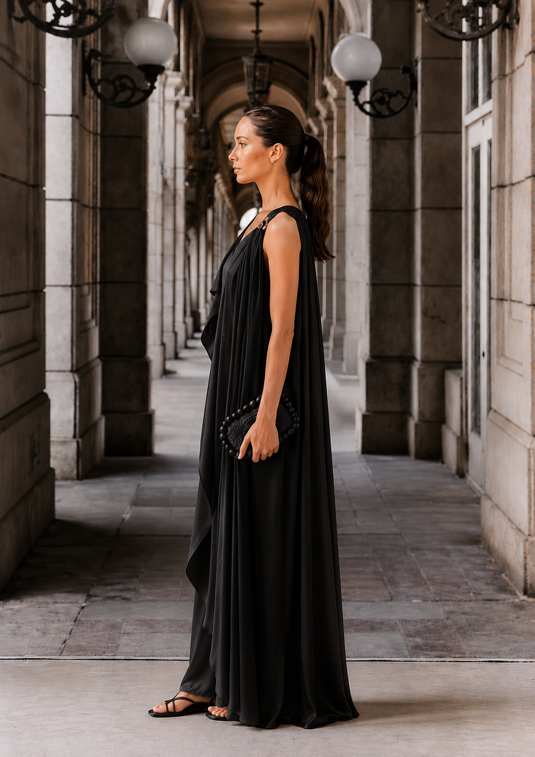 Asymmetric Draped Dress- Black