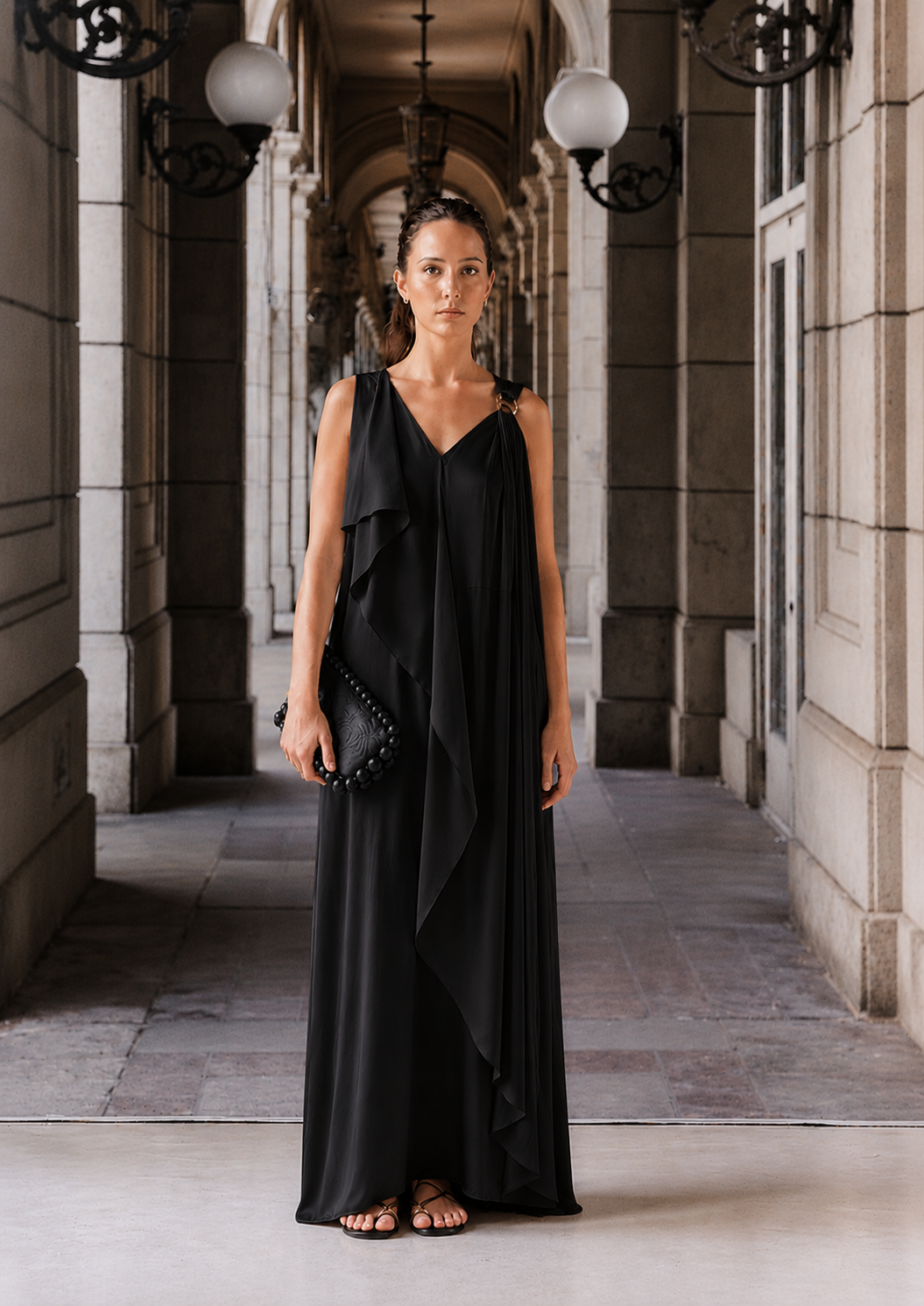 Asymmetric Draped Dress- Black