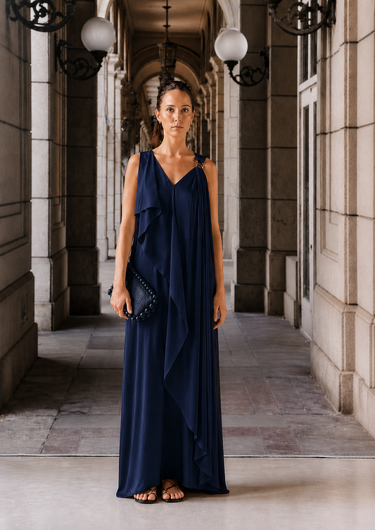 Asymmetric Draped Dress- Navy blue