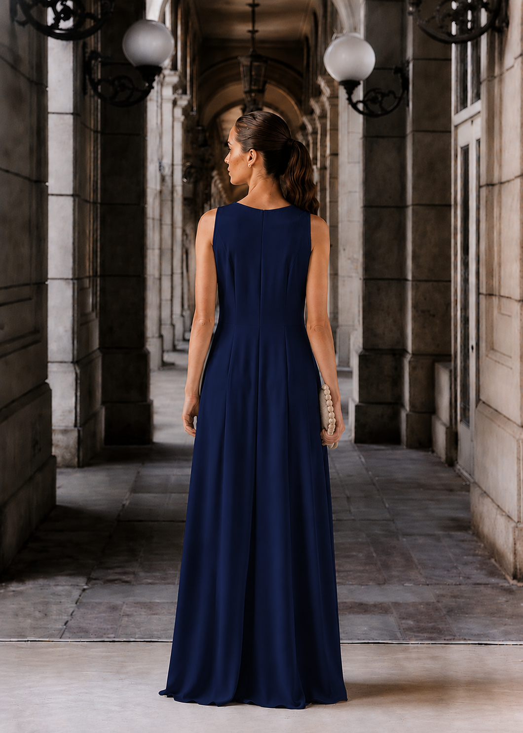 Navy Blue evening sleeveless draped dress with a golden trim