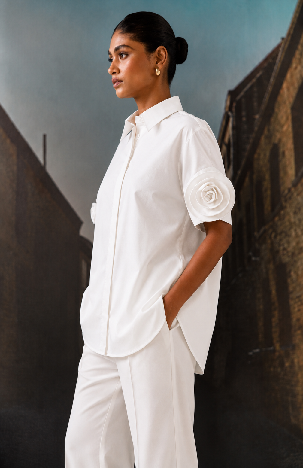 Rosette Sleeve Shirt White