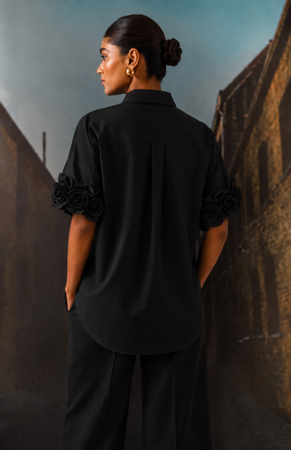 Rosette Sleeve Shirt Black