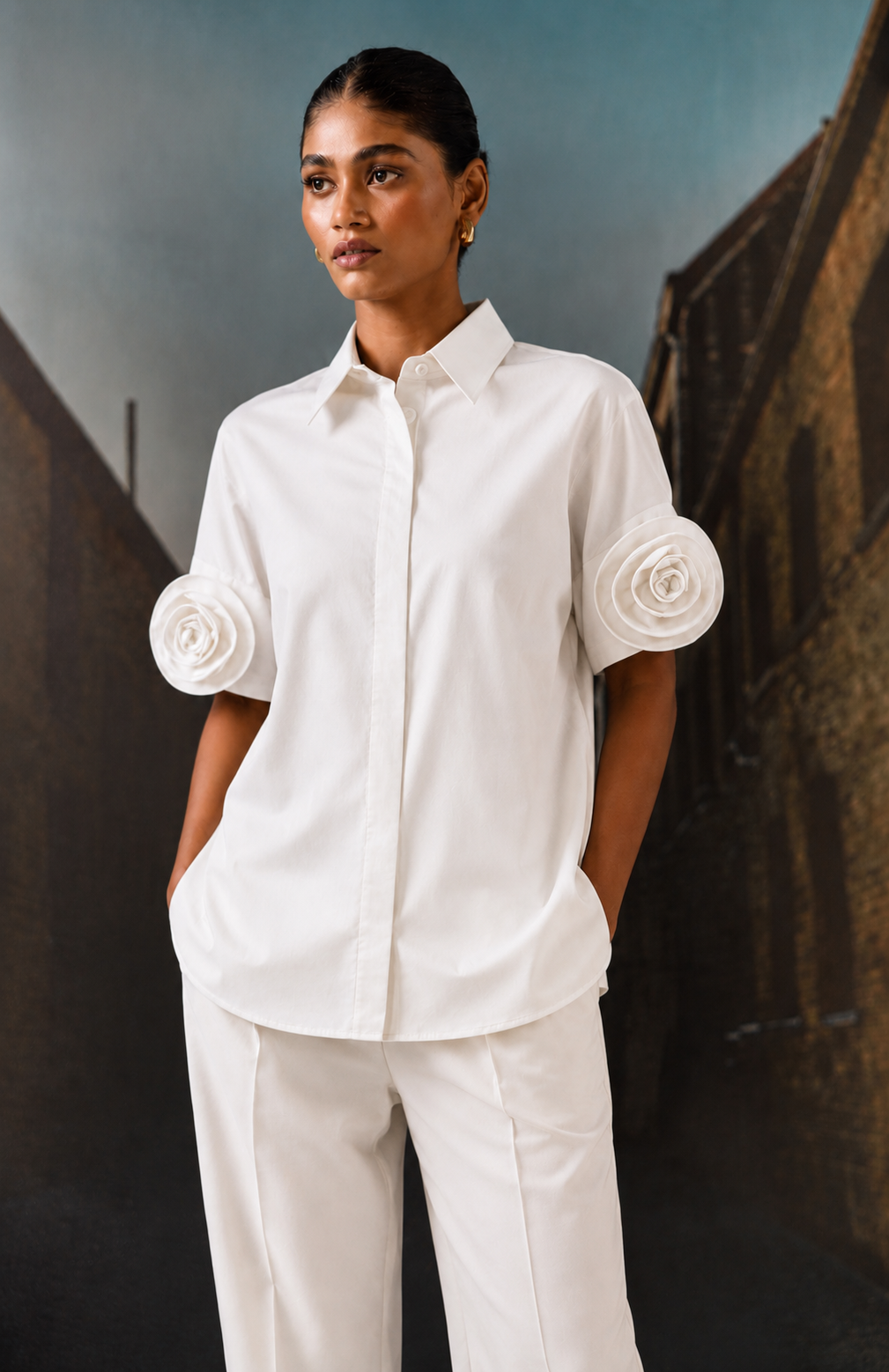 Rosette Sleeve Shirt White