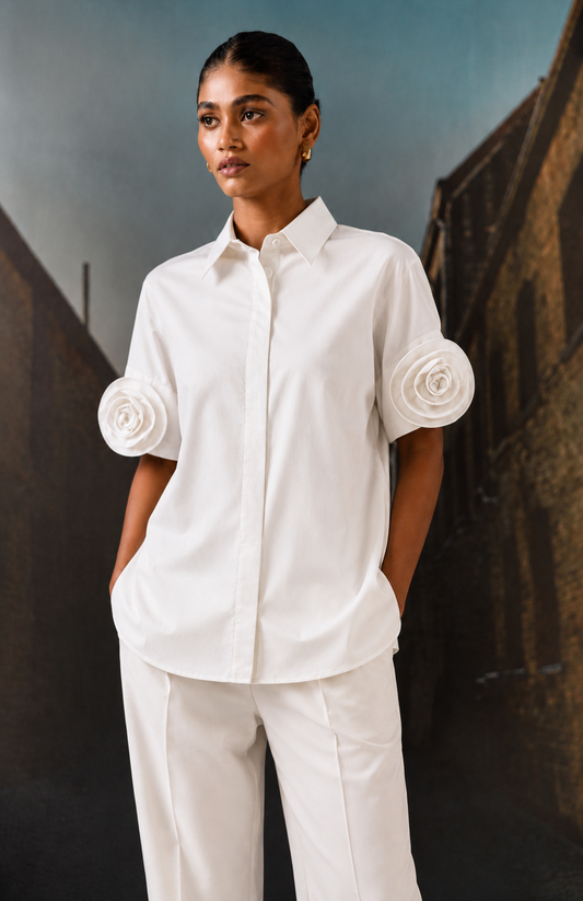 Rosette Sleeve Shirt White