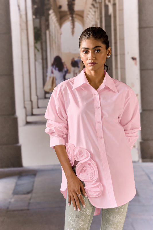 Pink cotton shirt with 3D roses