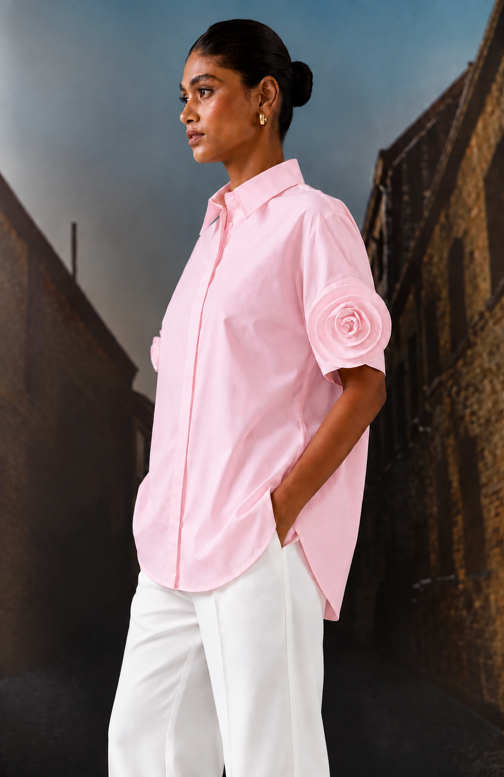 Rosette Sleeve Shirt Pink
