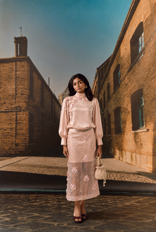 Blush Pink Embroidered Top & Organza Skirt Set