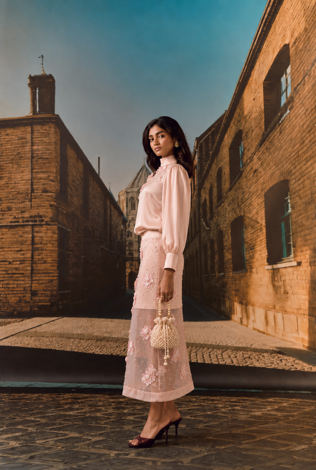 Blush Pink Embroidered Top & Organza Skirt Set