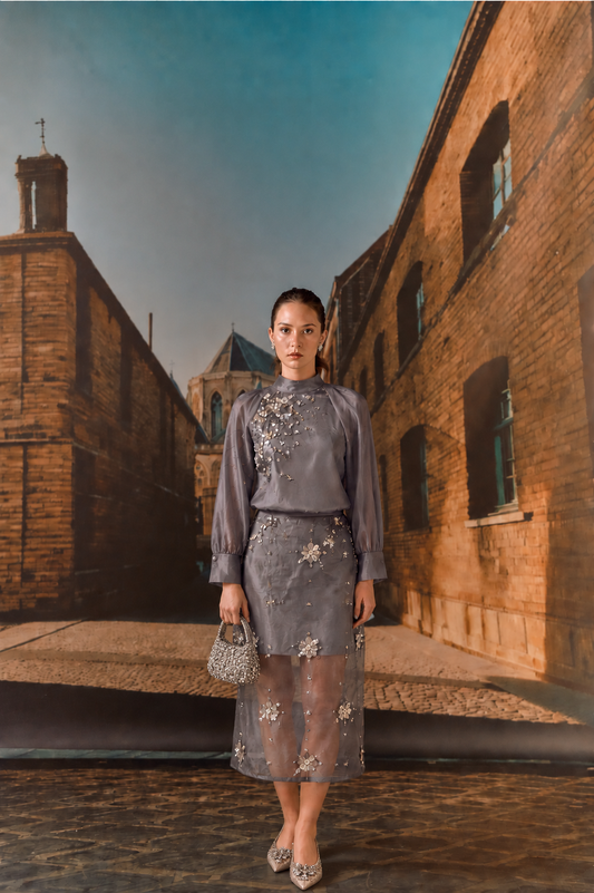 Grey Embroidered Top & Organza Skirt Set