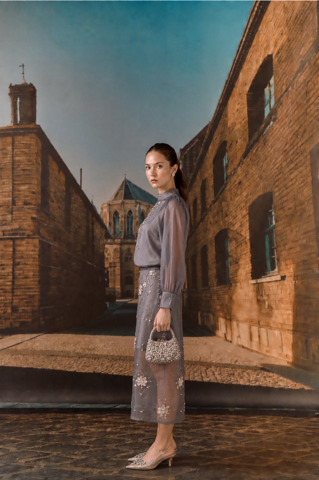 Grey Embroidered Top & Organza Skirt Set