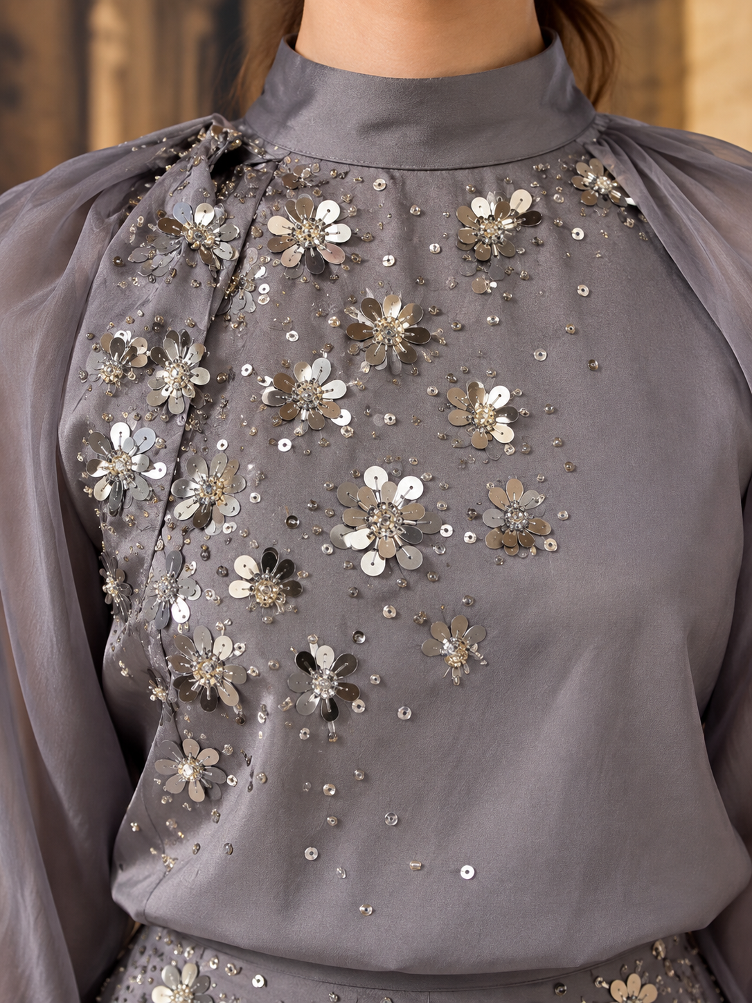 Grey Embroidered Top & Organza Skirt Set
