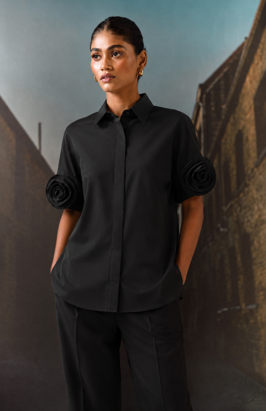 Rosette Sleeve Shirt Black