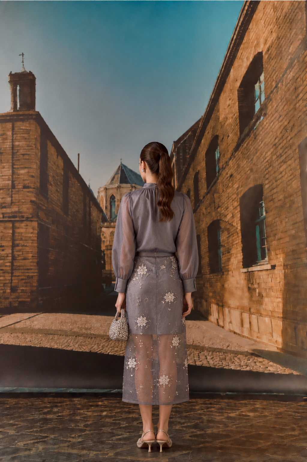 Grey Embroidered Top & Organza Skirt Set