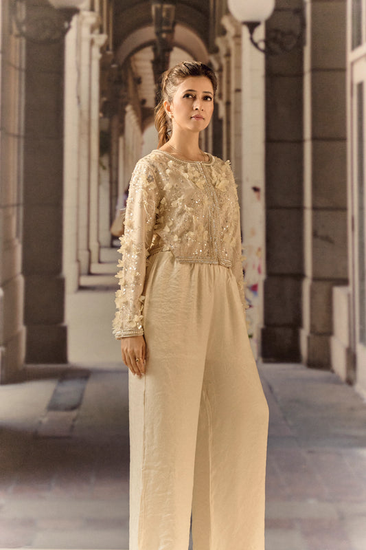 Beige evening cropped jacket with 3D flower