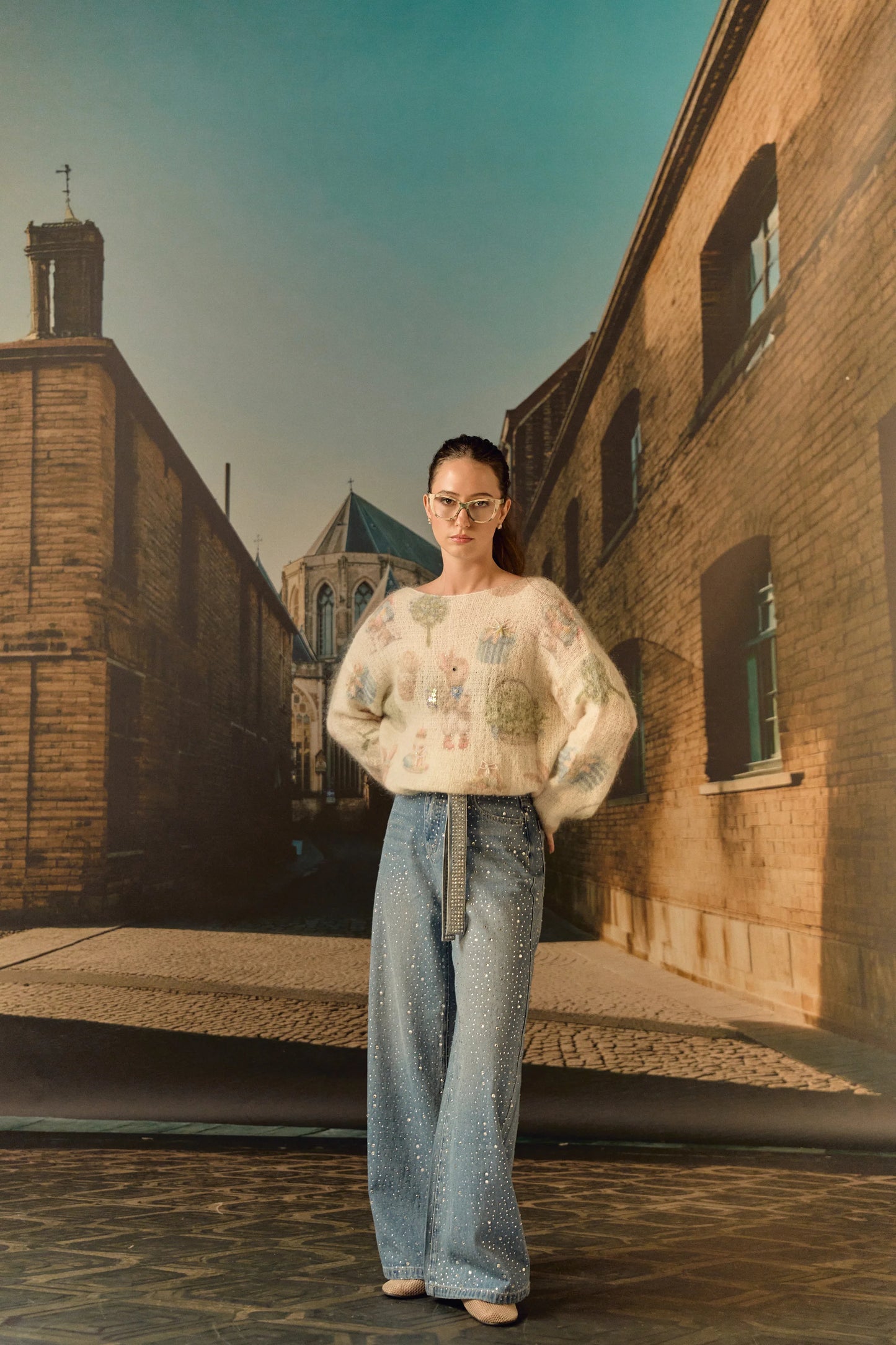 Straight Leg Full crystal Denim with belt