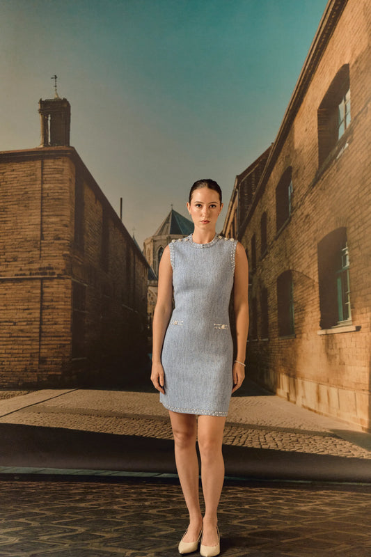 Cashmere Wool shift dress with crystal studs