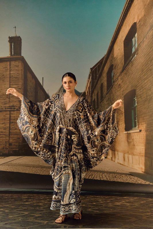 Jewel print silk crop kaftan with Swarovski