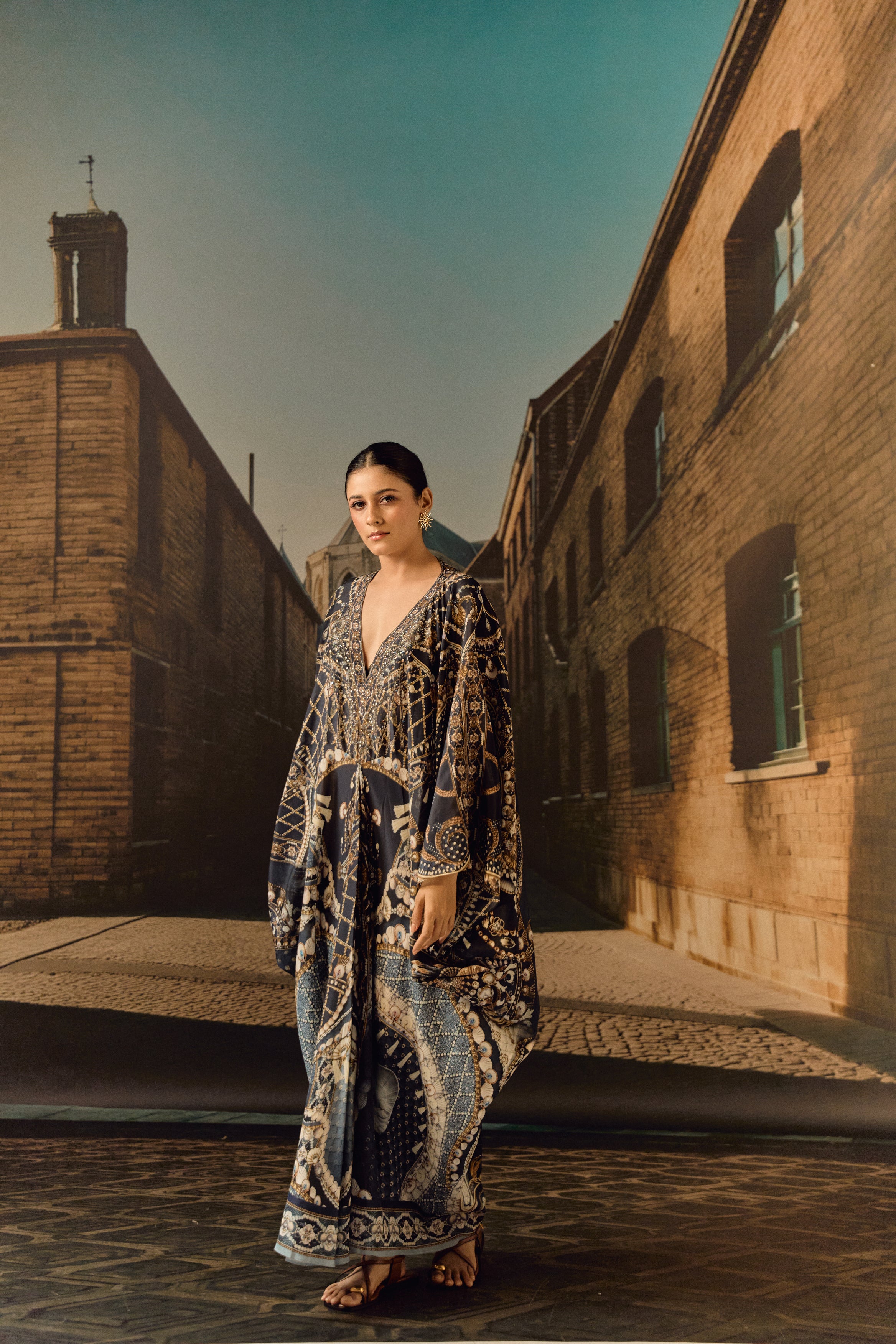 Jewel print silk crop kaftan with Swarovski
