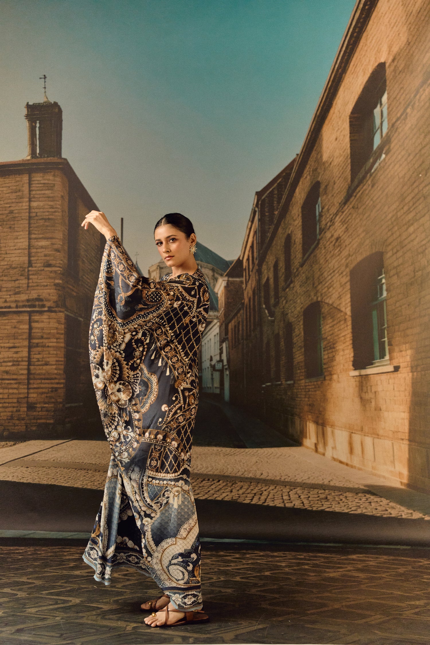 Jewel print silk crop kaftan with Swarovski
