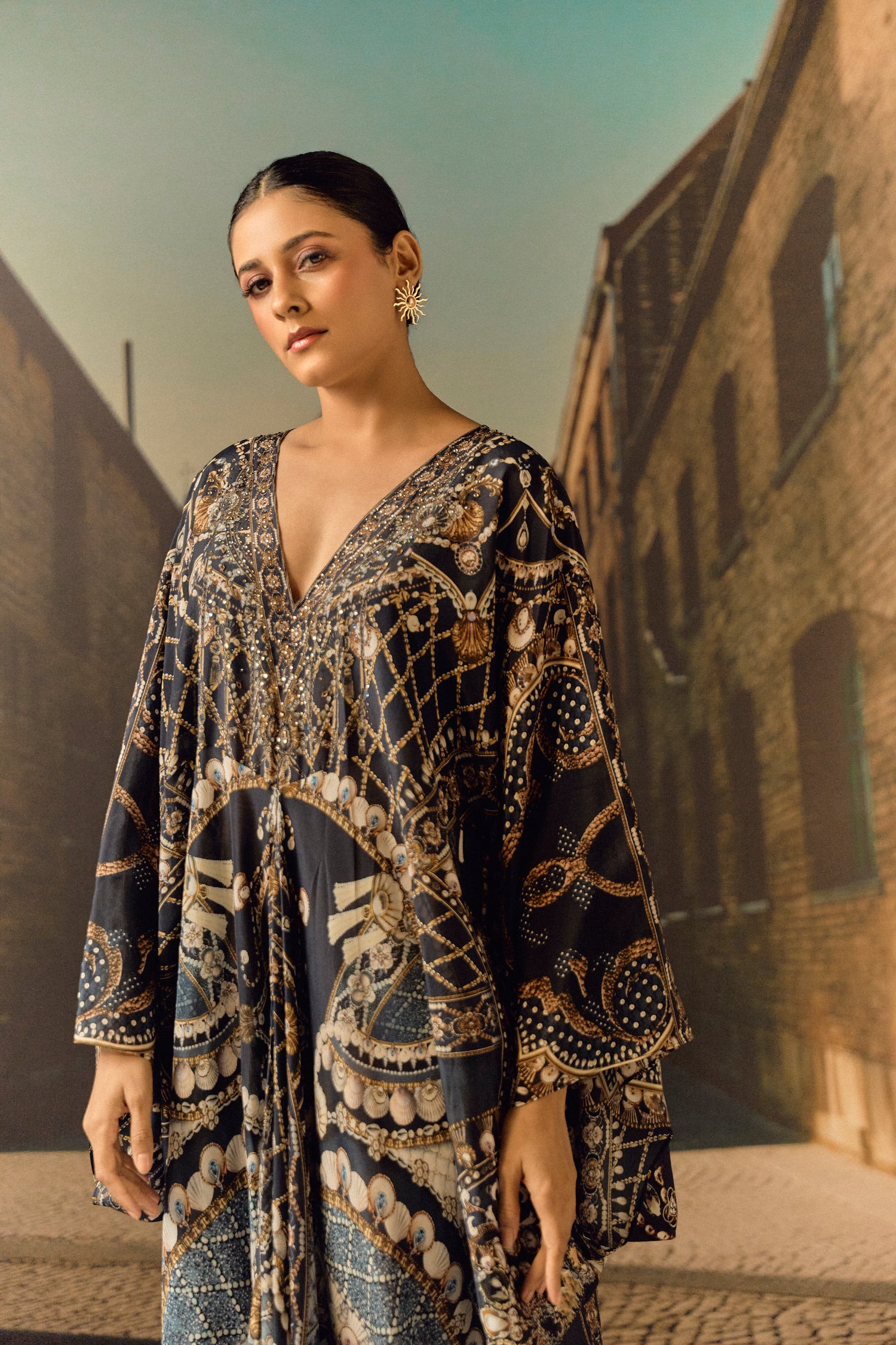 Jewel print silk crop kaftan with Swarovski