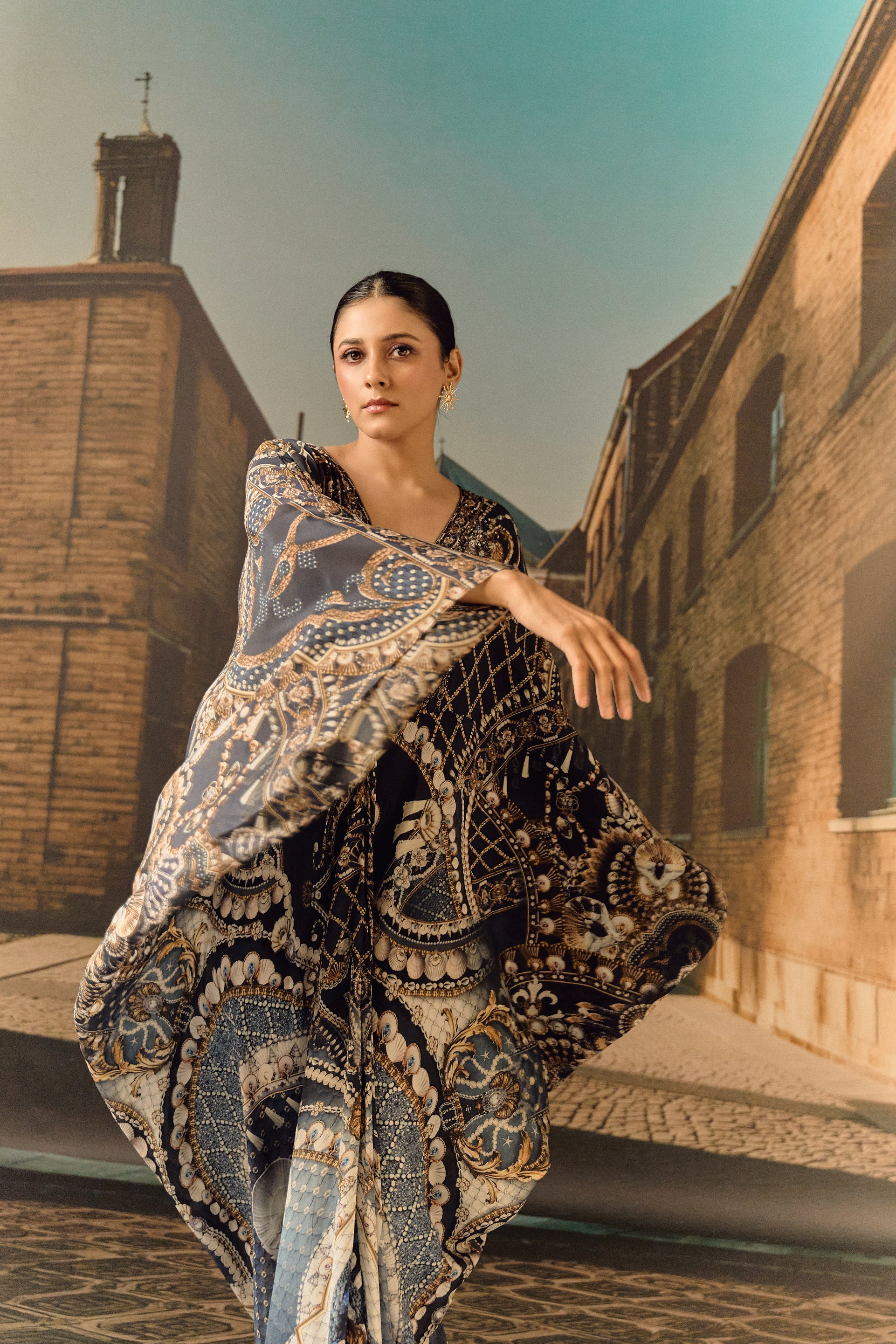 Jewel print silk crop kaftan with Swarovski