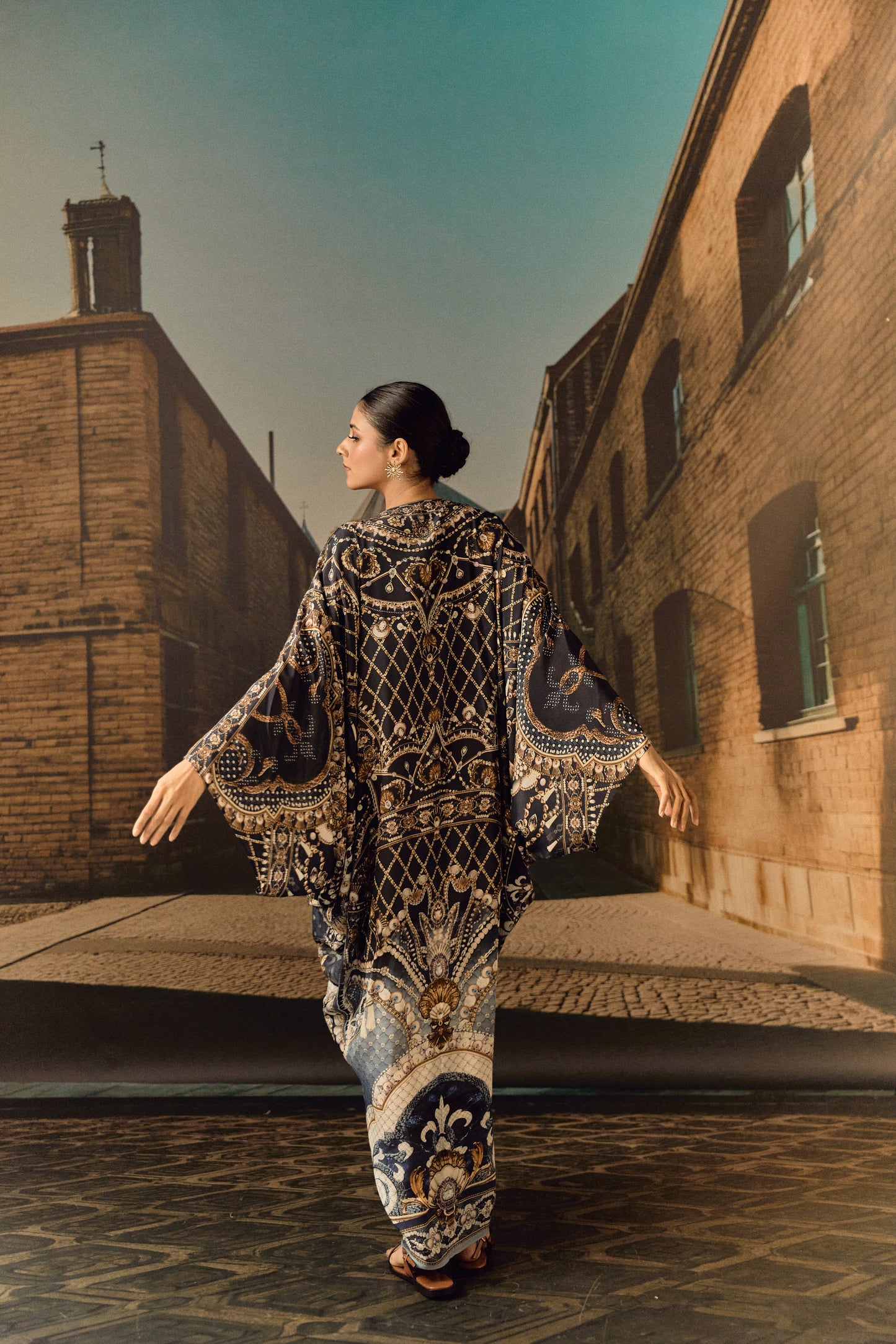Jewel print silk crop kaftan with Swarovski