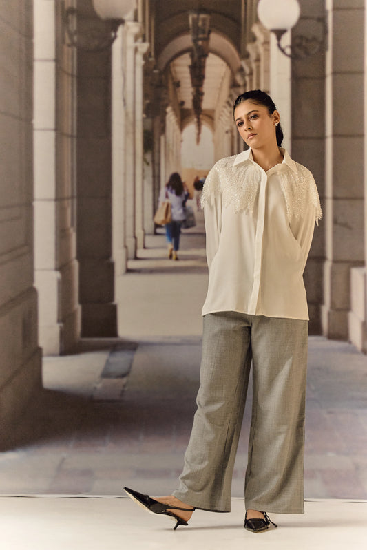 Grey Sparkle trouser with lace trim
