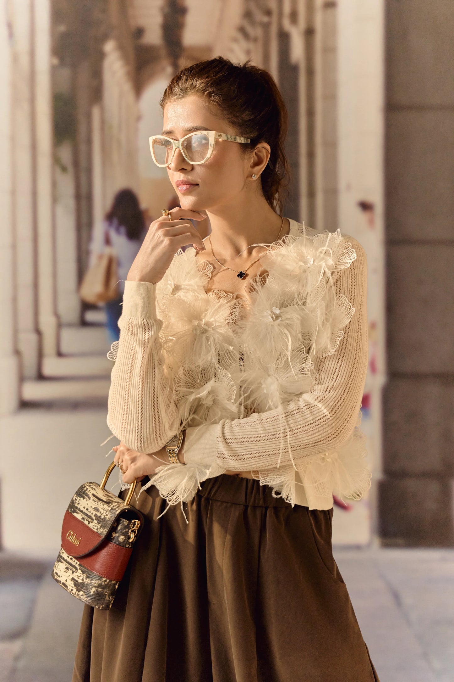 Summer Cardigan with 3D Flower appliqué & ostrich feather - White